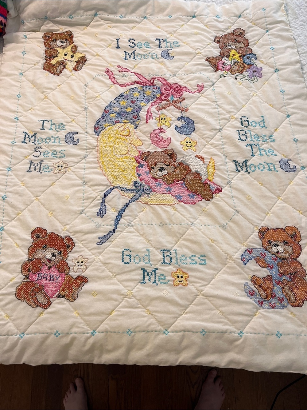 Handmade Cross Stitch Baby Quilt 40x32 I See The Moon Teddy Bears Crib Blanket